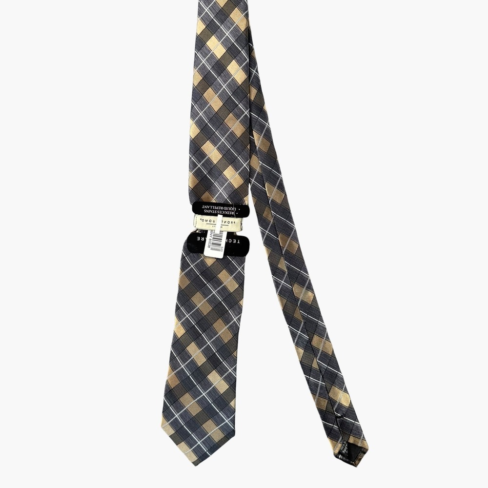 Pronto Uomo Techno-Care Grey Gold Plaid Silk Tie Liquid Repellent NWT